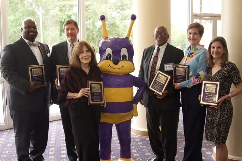 2019 HALL OF FAME RECIPIENTSDr. Ryan C. Holmes, Dr. Thomas (Mac) Bosley, Mary Joris, Jack the Jacket, Robert A. Crosby. Ann Caulkins, Rebecca Ruffin Leffler daughter of Thomas Fuller Ruffin.